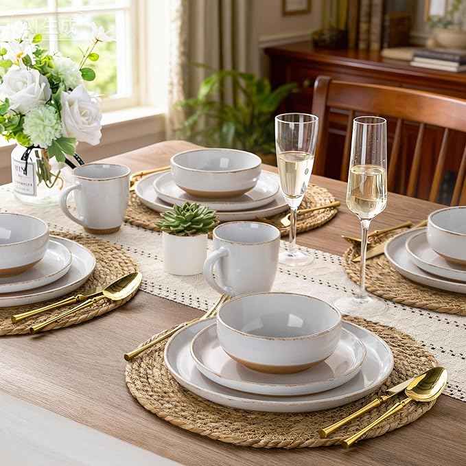 AmorArc Dinnerware Sets for 6, 18 Pieces Stoneware Plates and Bowls Set with Handbrush Rim, Scratch Resistant Dishes Set, Dishwasher & Microwave Safe, White