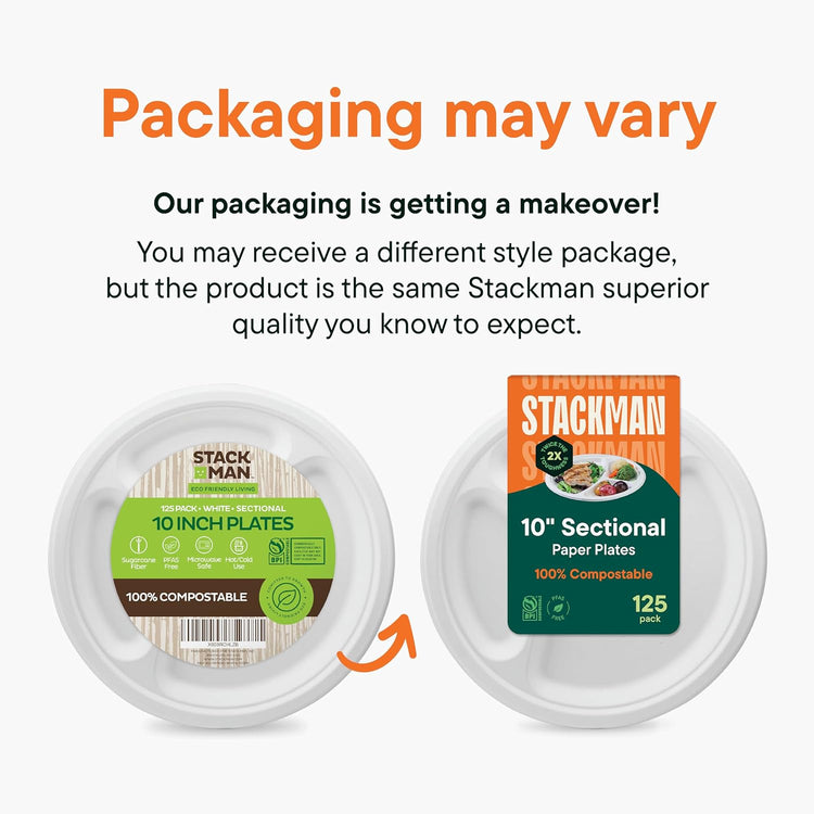 100% Compostable Paper Plates 10 Inch Bulk [500 Count] Heavy-Duty Dinner Plates with Compartments - Natural White Color Bagasse - Eco-Friendly Disposable Biodegradable Sugarcane - [Case 4/125 Pack]