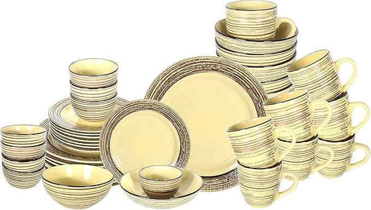 48 Piece Dinnerware Set, Ceramic Plates and Bowls Sets for 8, Microwave and Dishwasher Safe, Handcrafted Tree Bark Series Dish Set, Bamboo