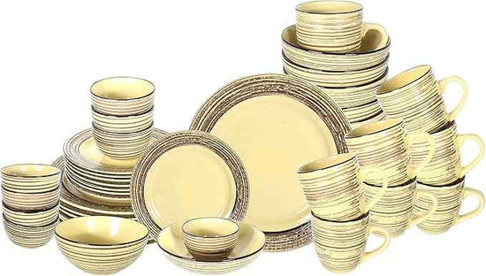 48 Piece Dinnerware Set, Ceramic Plates and Bowls Sets for 8, Microwave and Dishwasher Safe, Handcrafted Tree Bark Series Dish Set, Bamboo