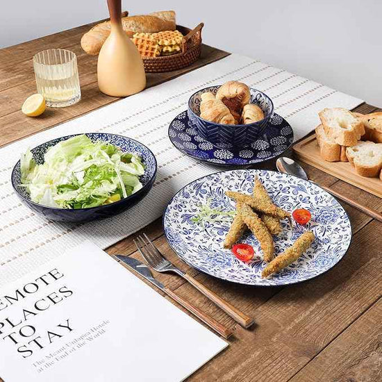 Selamica Dinnerware Sets 16 Piece, Ceramic Plates and Bowls Set, Embossed Dishes Set for 4, Housewarming, Dark Blue