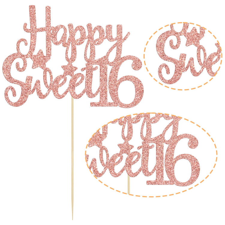 1Pc Happy Sweet 16 Cake Topper Rose Gold Glitter Sweet 16 Birthday Decorations Happy 16th Birthday Decorations for Girls Boys