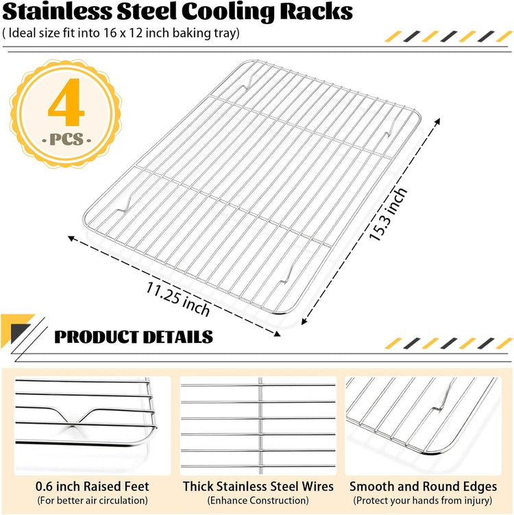 P&P CHEF Baking Cooling Rack Set for Cooking Roasting, 4-Piece Stainless Steel Wire Racks for Oven Use, Healthy & Dishwasher Safe, Rectangle, 15.3 Inch