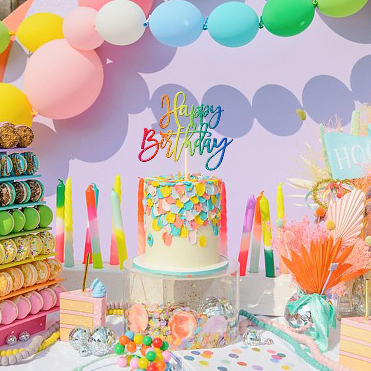 1 PCS Happy Birthday Cake Topper Glitter Happy Birthday Cake Pick for Celebrating Happy Birthday Anniversary Theme Party Cake Decorations Supplies Colorful