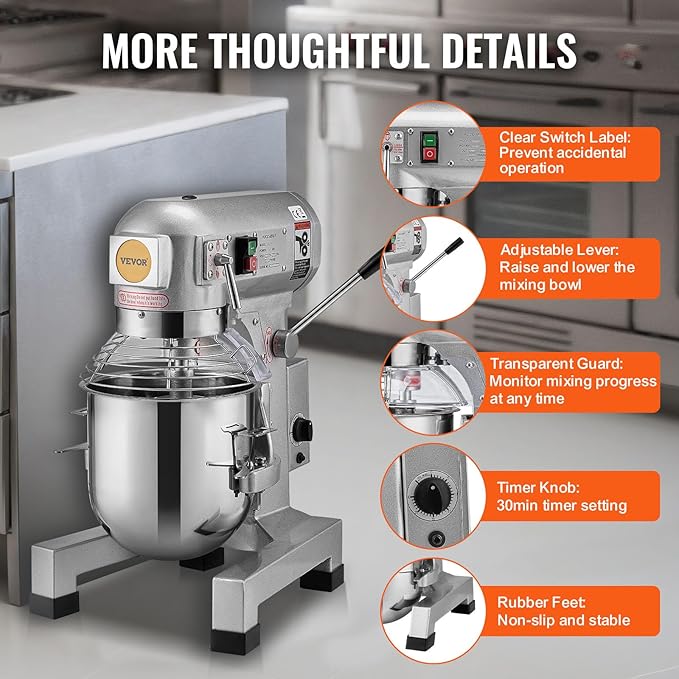 VEVOR Commercial Food Mixer 15Qt, Commercial Mixer with 3 Adjustable Speeds, 550W Dough Mixer,Commercial Stand Mixer with Stainless Steel Bowl