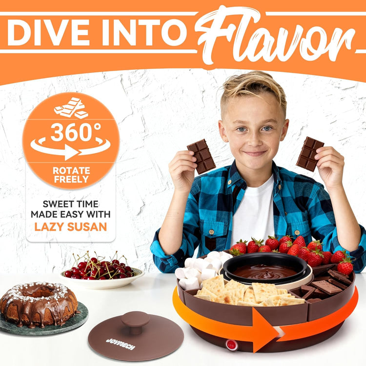 Cheese & Chocolate Fondue Machine, Candy Melting Pot for Party, Electric Fondue Pot Set, Chocolate Warmer, Hot Chocolate Maker, 4-Section Food Tray, Brown