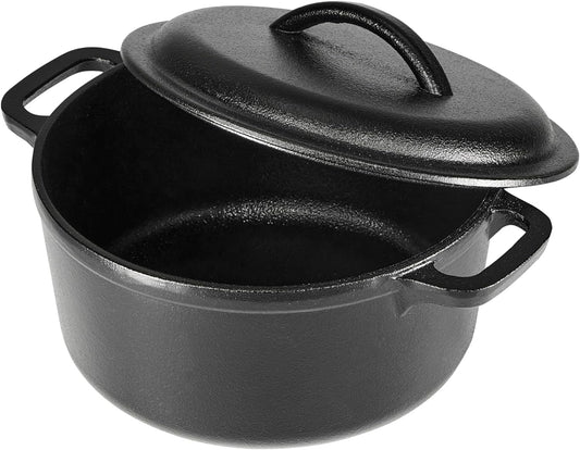 Amazon Basics Round Pre-Seasoned Cast Iron Mini Dutch Oven Pot with Lid and Dual Handles, 2-Quart, Black - Nestoria