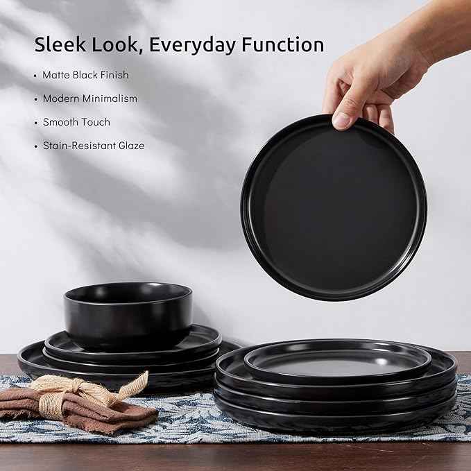 E-far Stoneware Dinnerware Sets for 6, 18-Piece Plates and Bowls Set, Modern Ceramic Dishes Dinning Ware, Microwave & Dishwasher Safe - Matte Black