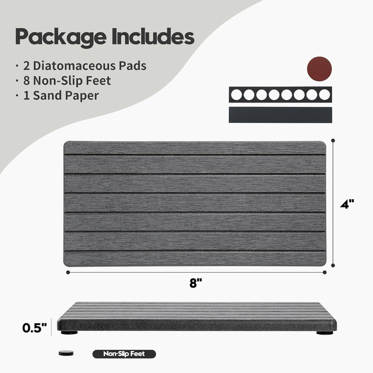 2PCS Diatomite Quick Stone Drying Tray Mat For Bathroom & Kitchen Counter, Instant Dry Water Absorbent Drink Bar Coaster,Vanity Sink Caddy Organizer,Dish Soap Sponge Holder, Dark Gray,8"x3.8"