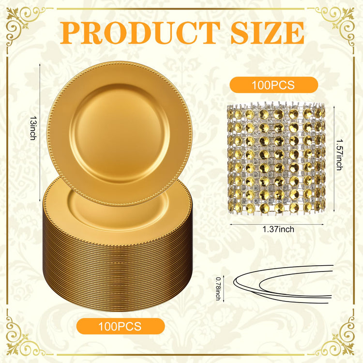 200 Pcs Gold Charger Plates Set Includes 100 Gold Chargers 100 Napkin Rings (200 Count)