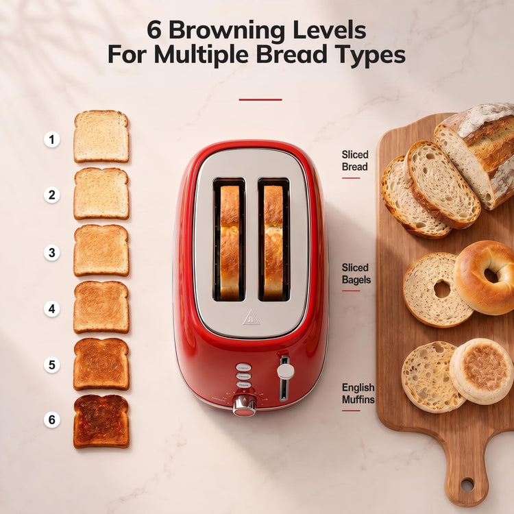 2 Slice Stainless Steel Toaster Retro with 6 Bread Shade Settings