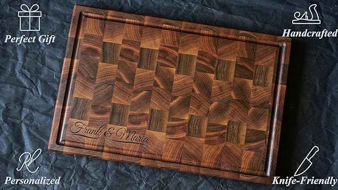 Personalized End Grain Walnut Cutting Board, GrainWoods Handcrafted Wood Kitchen Chopping Block (21x15x2 Inches)
