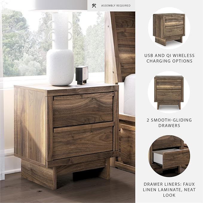 Signature Design by Ashley Darcalli Mid-Century 2-Drawer Nightstand with USB Ports and Wireless Charging, Light Brown