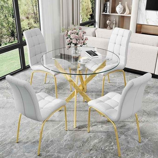 5 Piece Round Glass Dining Table Set, Round Tempered Glass Kitchen Tables Set for 4, Modern Table Set with 4 High-Back Upholstered Chairs for Kitchen Dining Room (Gold Legs, 4 White Chairs)