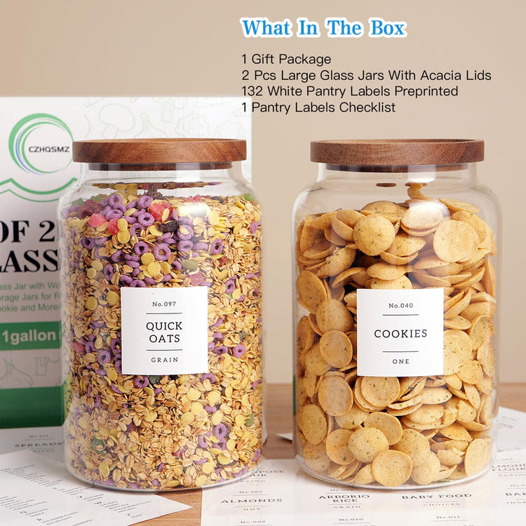 Set of 2 Large Glass Flour and Sugar Containers with 132 Pantry Labels (2 Count)