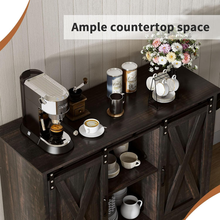 4 EVER WINNER Coffee Bar Cabinet with Sliding Barn Doors, 42” Sideboard Buffet Cabinet with Storage, Farmhouse Coffee Bar Station Table Liquor Wine Bar with Shelves for Kitchen, Espresso