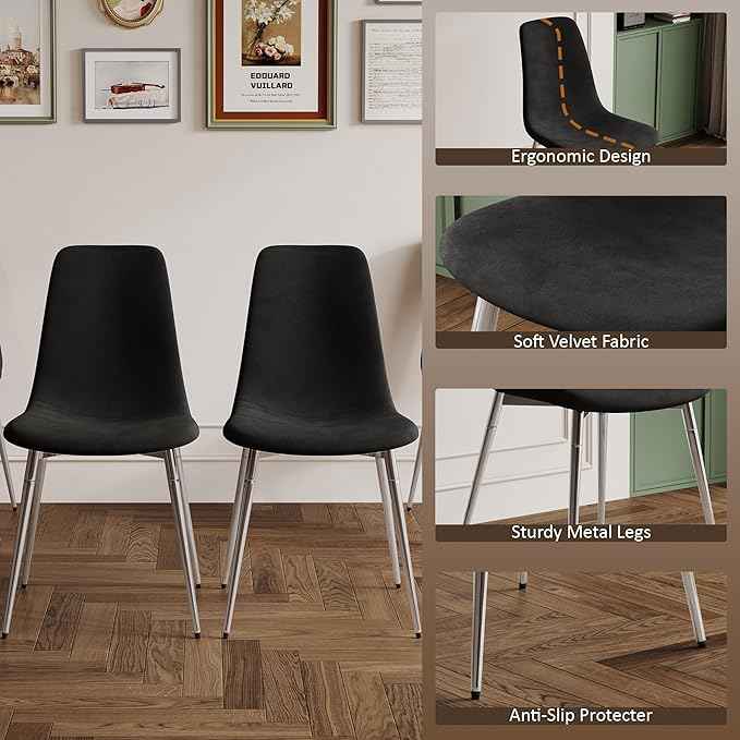 36" Square Glass Dining Table Set for 4, 5-Piece Modern Kitchen Table with 4 Black Velvet Chairs, Modern Circle Leisure Table for Home Office Dining Room Small Spaces (Silver Leg)