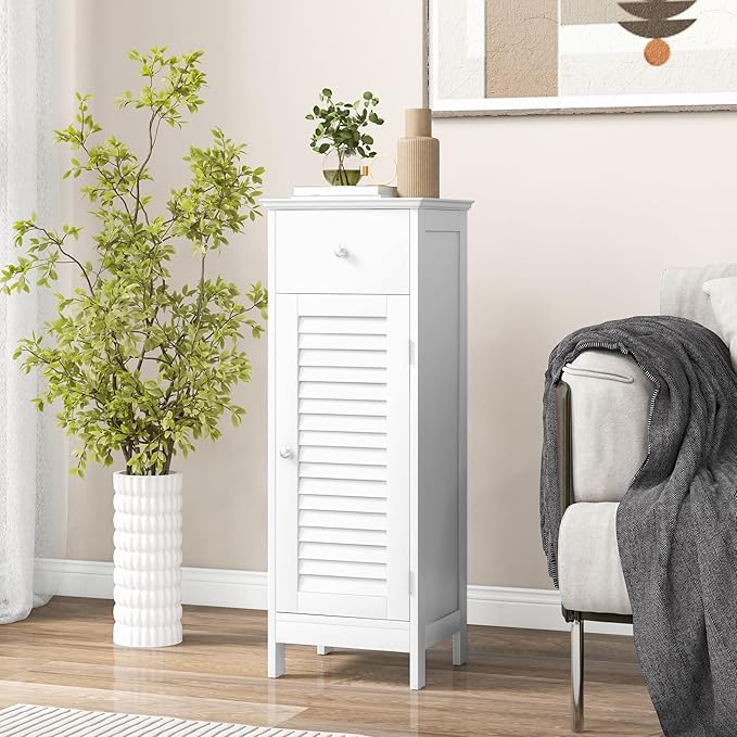 COSTWAY Bathroom Storage Cabinet, Single Door Storage Organizer w/ 1 Drawer & Adjustable Shelf, Freestanding Narrow Slim Floor Cabinet for Living Room Bedroom Hallway (White)