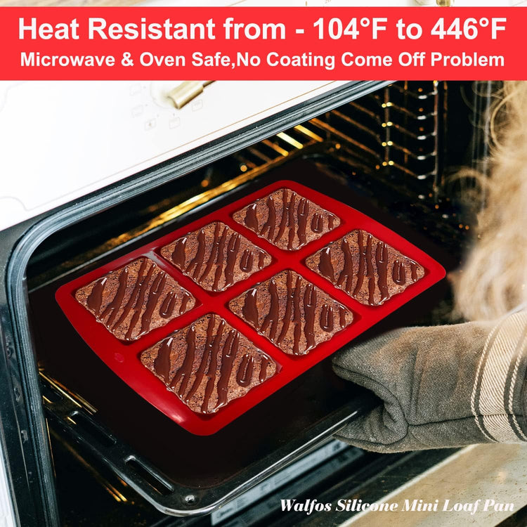 Walfos Mini Silicone Brownie Pan - 2 Piece 6-Cavity Non-stick Square Baking Pan, Perfect for Mini Brownies, Cornbread, Muffin and Cakes, BPA Free and Dishwasher Safe