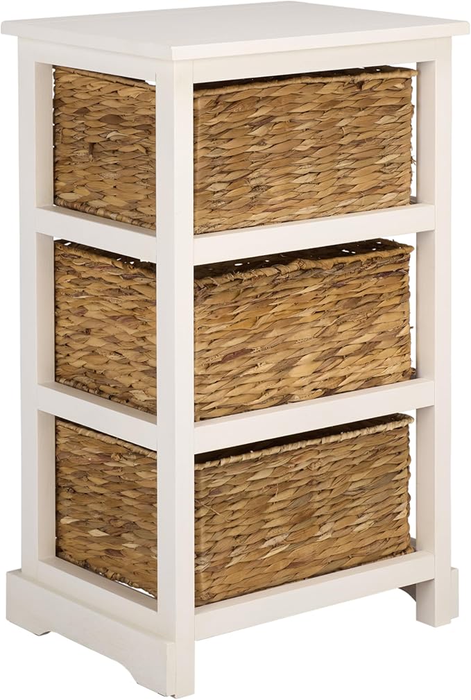SAFAVIEH Home Collection – Halle Ivory 3-Drawer Basket Storage Side Table, Coastal Accent Design, Fully Assembled (AMH5738K)