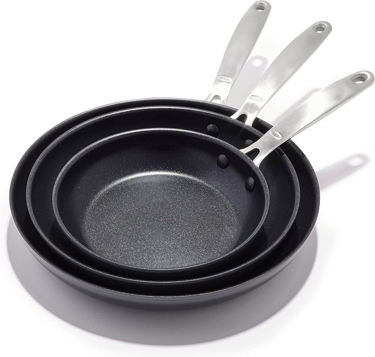 OXO Enhanced, 8" 10" and 12" 3 Piece Frying Pan Skillet Set, Healthy Ceramic Nonstick, PFAS-Free, Stainless Steel Handle, Dishwasher Safe, Oven Safe, Black