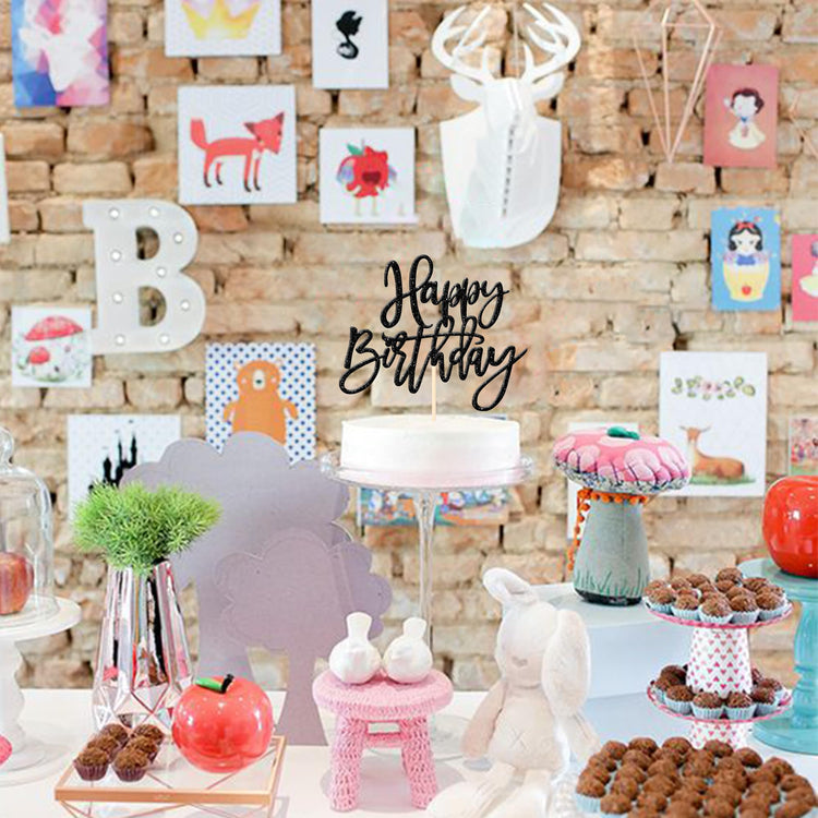 1 PCS Happy Birthday Cake Topper Glitter Happy Birthday Cake Pick for Celebrating Happy Birthday Anniversary Theme Party Cake Decorations Supplies Black