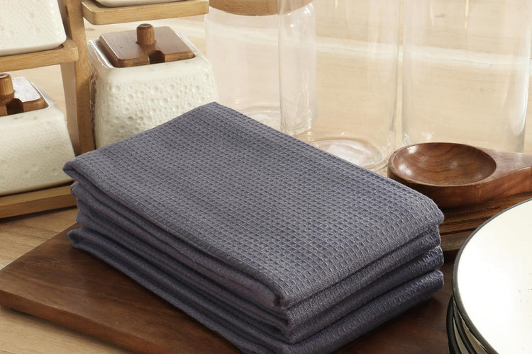 PurpleEssences Waffle Weave Kitchen Towel, 100% Cotton - 15 x 25 Inches, with Hanging Loop Ultra Soft Absorbent Quick Drying Dish Cloth, Tea and Hand Towels, 4 Pack - Spring Summer - Dark Grey - Nestoria
