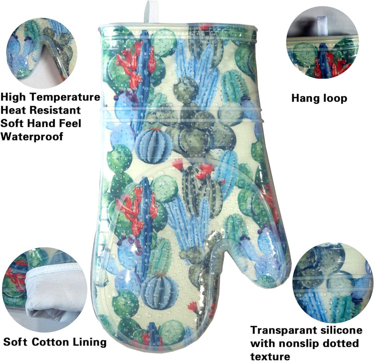 Oven Mitts Set of 2 with Transparent Clear Silicone Shell and Nice Fruit Flower Cotton Lining, Heat Resistant to 500 F Kitchen Oven Gloves Pot Holder for Cooking (Fruit Flower, Oven Mitts)
