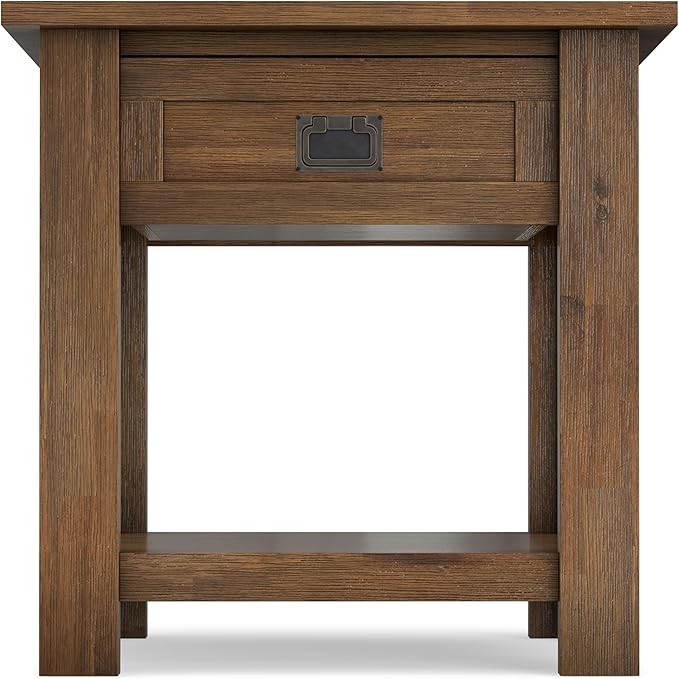 SIMPLIHOME Monroe End Table - 22 inch Wide Solid Acacia Wood Side Table in Rustic Natural Aged Brown, Farmhouse Accent Table for Living Room or Bedroom with Drawer and Shelf