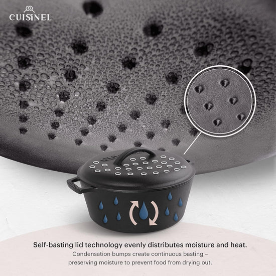Cuisinel Cast Iron Dutch Oven - 7-Quart Deep Pot + Lid + Pan Scraper + Handle Covers - Large Pre-Seasoned Cooker for Baking Bread, Soup, Frying - Indoor/Outdoor Kitchen, Camping, Fire, BBQ Safe - Nestoria