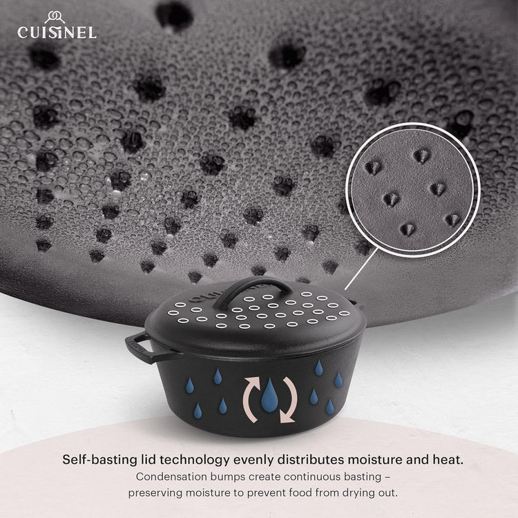 Cuisinel Cast Iron Dutch Oven - 7-Quart Deep Pot + Lid + Pan Scraper + Handle Covers - Large Pre-Seasoned Cooker for Baking Bread, Soup, Frying - Indoor/Outdoor Kitchen, Camping, Fire, BBQ Safe - Nestoria