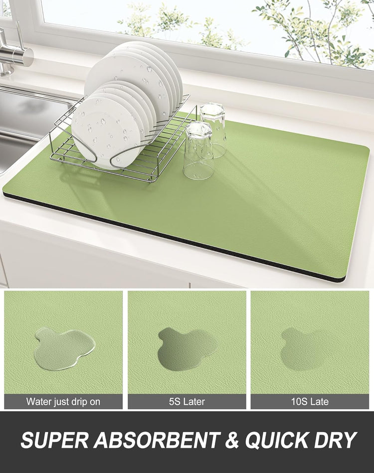 Rnivvi Dish Drying Mat for Kitchen Counter, XL 15 x 24" Super Absorbent Drainer Pad Easy Clean Dish Rack Pad, Non-Slip Heat Resistant Coffee Bar Mat for Coffee Machine Station Accessories Decor, Green