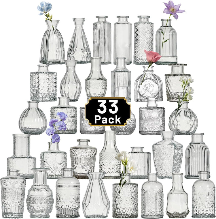 Glass Bud Vase Set of 33 Pcs Small Minimalist Vases for Flowers, Vintage Rustic Home Decor for Table Centerpiece Wedding Party, Modern Clear Aromatherapy Bottle for Living Room Bedroom