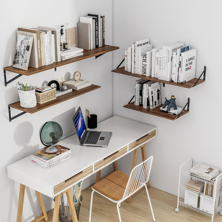Heimlove 12 Inch Deep Floating Shelves for Wall, 48W x 12D Wood Wall Shelves Set of 2, Walnut Wide Floating Bookshelf for Living Room, Kitchen, Office, Bedroom, with Black Metal Bracke - Walnut