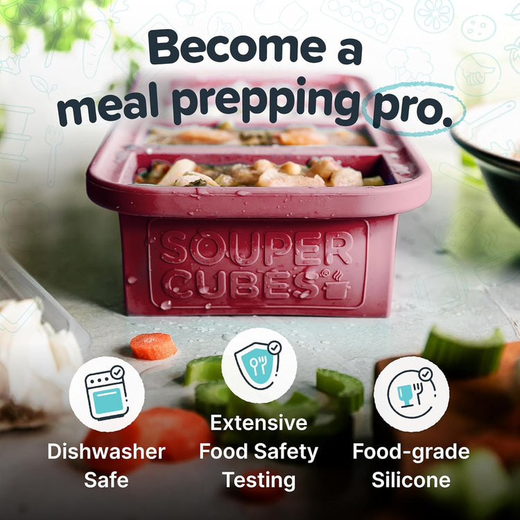 Souper Cubes 1 Cup Silicone Freezer Tray with Lids, Perfect for Storing Broth, Leftovers, Rice, Sauce and More, Silicone Soup Freezer Molds for Meal Prepping - Cranberry - 2-Pack