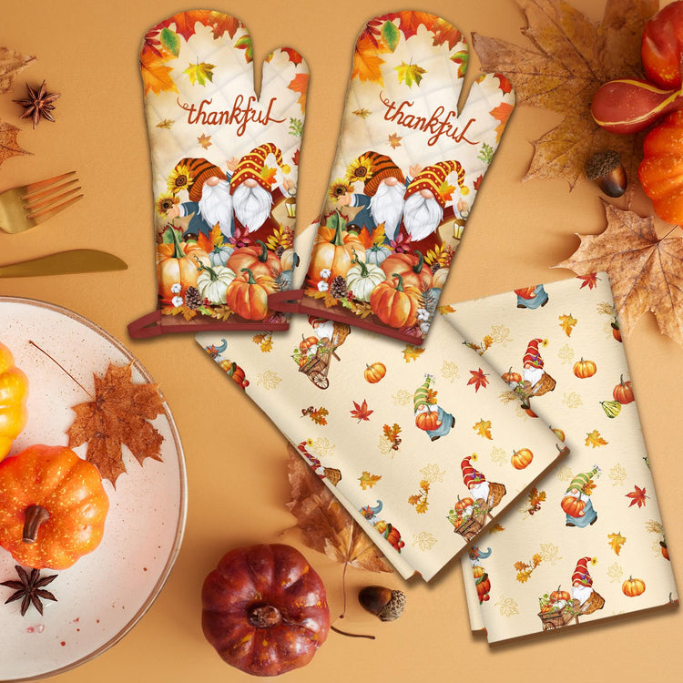 Thanksgiving Gnome Kitchen Towels and Oven Mitts Set (4 Count)