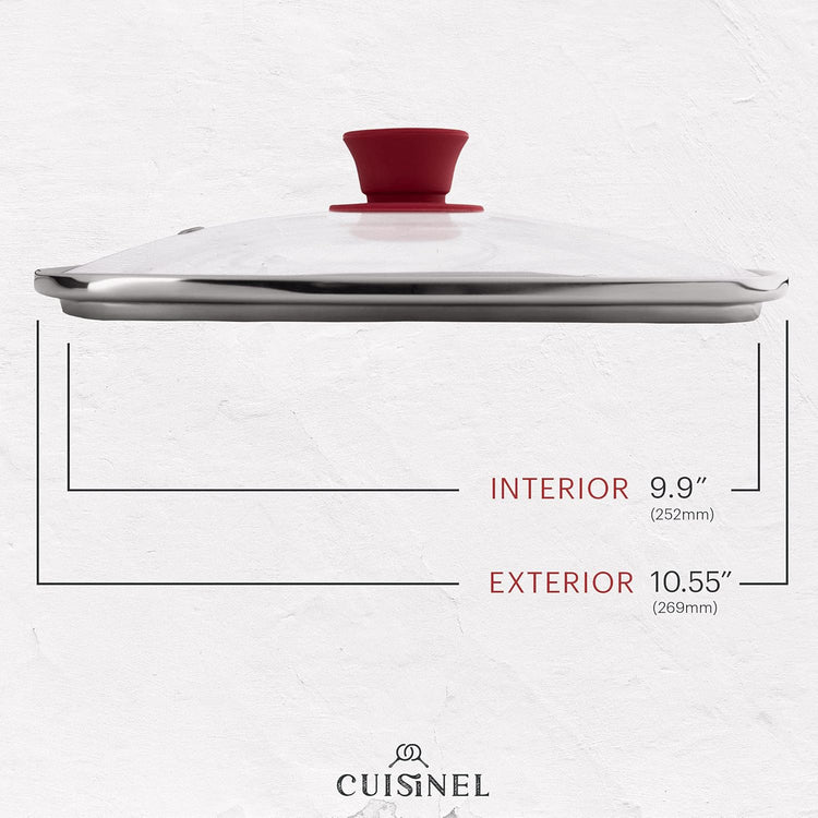 Cuisinel Square Glass Lid for Grill Pans with Steam Vent Hole - 10.5"-inch/26.67cm - Fits Lodge Cast Iron - Fully Assembled Universal Replacement Cover - Tempered and Oven Safe - Reinforced Stainless