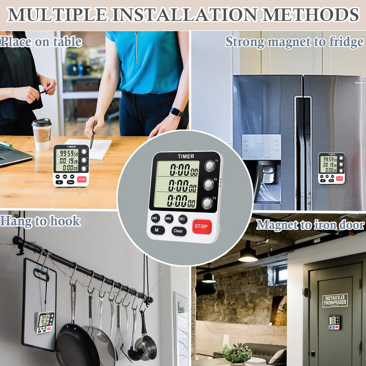 Digital 3 Channels Kitchen Cooking Multiple Timer with Large LCD Count Up Down Stopwatch ON Off Switch Timer for Teaching Reading 3