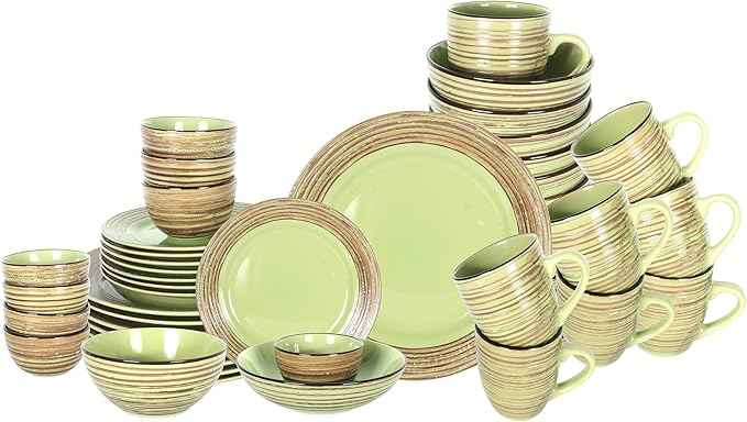 48 Piece Dinnerware Set, Ceramic Plates and Bowls Sets for 8, Microwave and Dishwasher Safe, Handcrafted Tree Bark Series Dish Set, Oak Forest/Dark Green