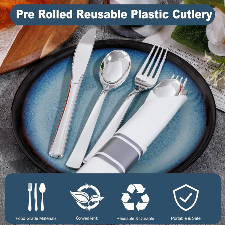 400PCS Pre Rolled Silver Plastic Silverware Sets - Heavy Duty Silver Cutlery - Include 100 Pack Wrapped Disposable Utensils with Napkins for Parties & Dinners & Weddings