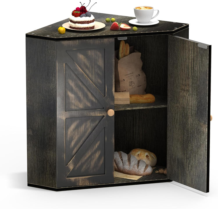 Corner Bread Box for Kitchen Counter Double Layer Bamboo Bread Storage Container Large Capacity Bread Storage Bin Farmhouse Breadbox Organizer (Antique Black)