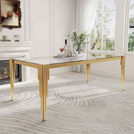 78'' Modern Glass Dining Table for 6-8 People,Tempered Glass Top Dining Room Table with Stainless Steel Base, Glass and Gold Dining Table for 6, Rectangle Dining Kitchen Table for Dinner