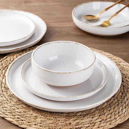 AmorArc Ceramic Dinnerware Sets with Pasta Bowls for 4, Handpainted Plates and Bowls Set with Rustic Terracotta Underside, Scratch Resistant Dishes Set, Dishwasher & Microwave Safe, 16 Pcs-White