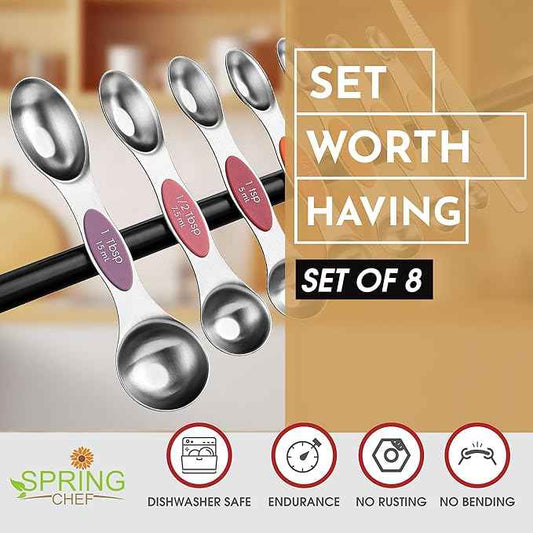 Spring Chef Stainless Steel Metal Magnetic Measuring Spoons Set of 8 with Leveler, Heavy Duty Nesting Teaspoon & Tablespoon Measuring Spoons, Kitchen Gadgets for Baking & Cooking - Desert Sunset