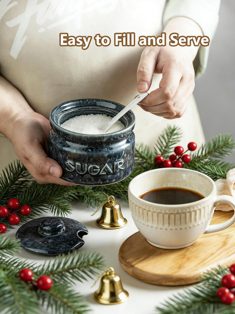10oz Ceramic Sugar Bowl with Lid and Spoon for Coffee Bar (13.59 Count)
