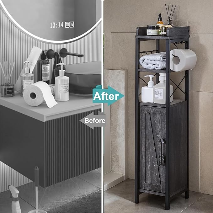 VECELO Small Bathroom Cabinet, Slim Toilet Paper Holder with Magnetic Door&2 Shelves, Narrow Storage Organizer for Bathroom Restroom Tiny Space, Fenced Top Waterproof Board, Coal Grey