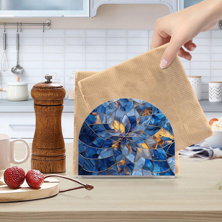 Stained Glass Blue Pattern Napkin Holder for Table Paper Napkins Holder Acrylic Tissue Dispenser Kitchen Dining Room Bathroom Party Car Decor