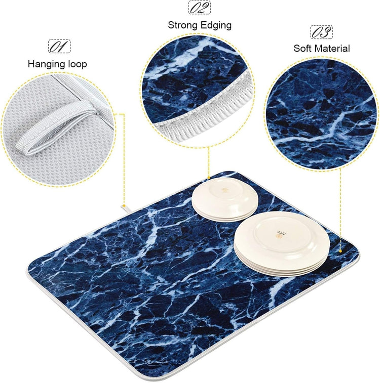 Super Absorbent Dish Drying Mat, Microfiber Fast-Drying Dish Mat, 16" x 18, Kitchen Dish Drying Pad, Navy Blue Marble…
