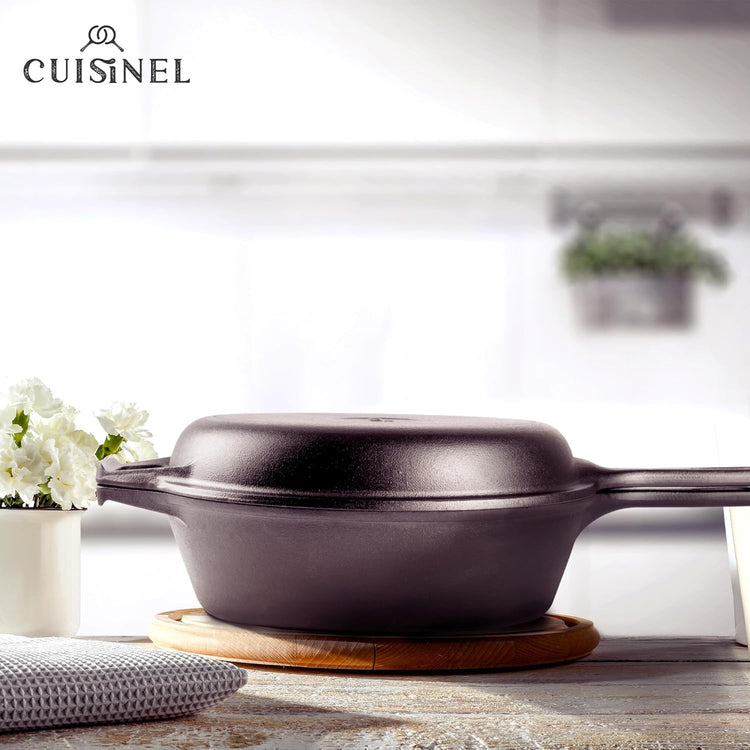 Cuisinel Cast Iron Skillet + Lid - 2-In-1 Multi Cooker - Deep Pot + Frying Pan - 3-Qt Dutch Oven - Pre-Seasoned Oven Cookware - Works for Bread, Indoor/Outdoor, Grill, Stovetop and Induction - Nestoria
