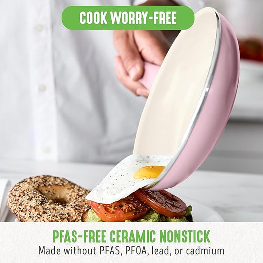 GreenLife Soft Grip 8” Frypan Skillet and Spatula Breakfast Cookware Set, PFAS-Free Ceramic Nonstick, Silicon Spatula with Bamboo Handle, Egg Omelette Bacon, Dishwasher Safe, Stay-Cool Handles, Pink